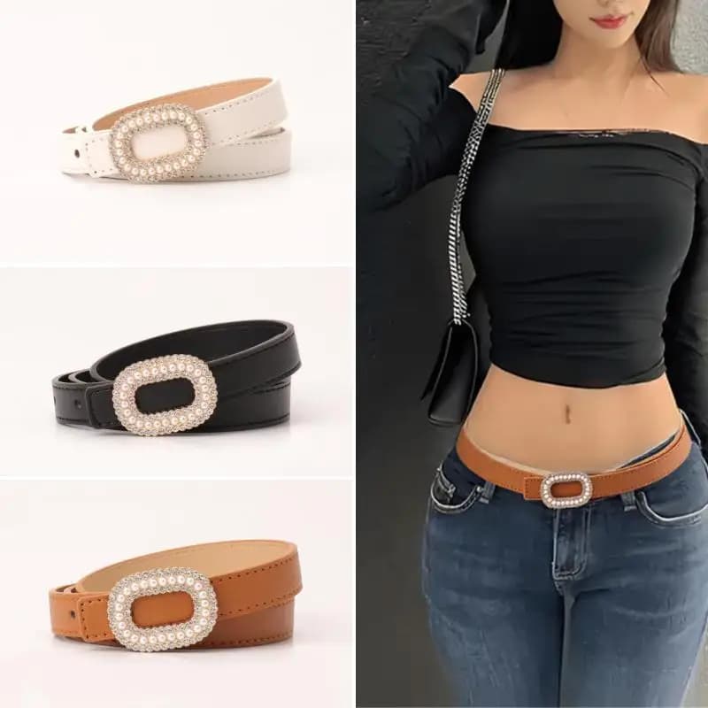 Women's PU Leather Belt Bling Rhinestone Pearl Buckle Decorative Waist Belt for Jeans Gifts for Ladies