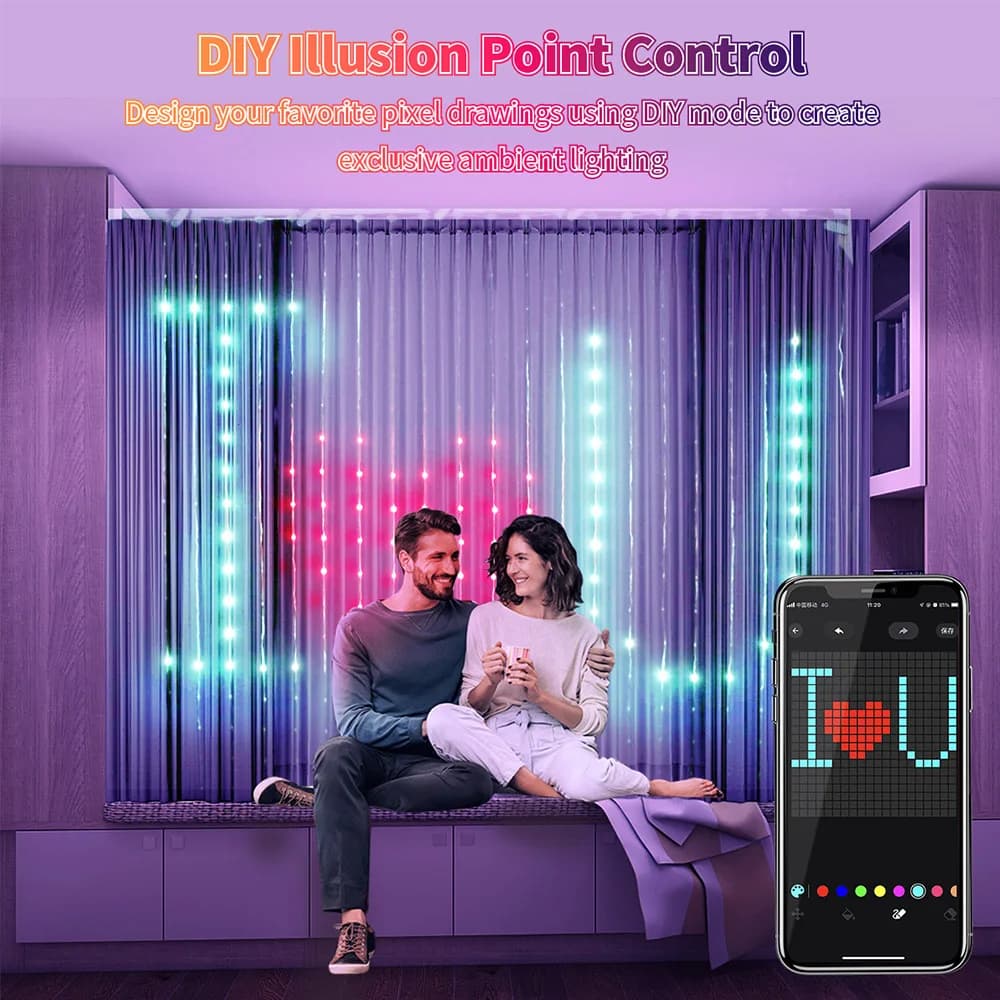 Luci per tende intelligenti Controllo app Bluetooth RGBIC LED String Luce fata impermeabile USB Modello di testo fai-da-te Display Decorazioni per la stanza delle feste