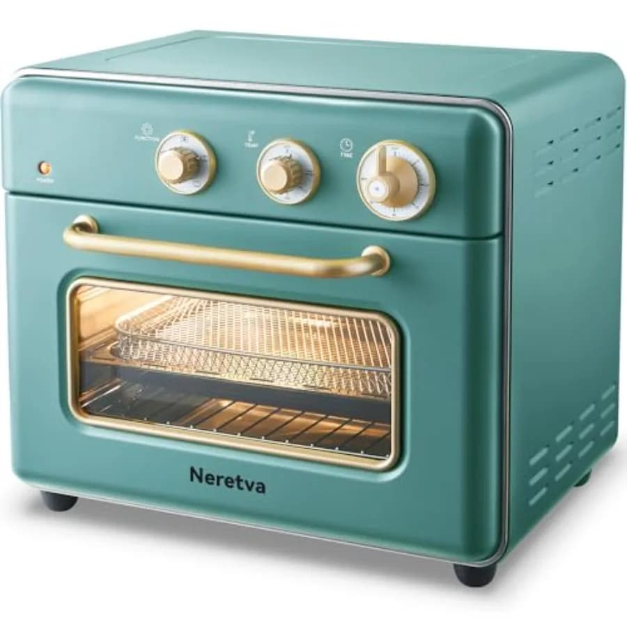 Forno Tostapane Compatto con Funzione Friggitrice ad Aria 21 QT 6-in-1 in Acciaio Inossidabile da Appoggio con 5 Fette, 1500W, Riscaldamento Rapido per Cuocere, Tostare, Grigliare, Friggere ad Aria