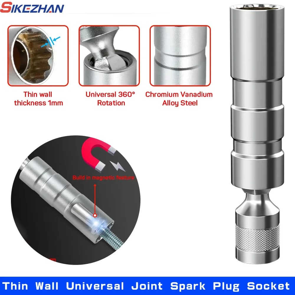 16mm with magnetic socket for candle with universal thin wall joint, 12 angle flexible hose key, auto repair tool