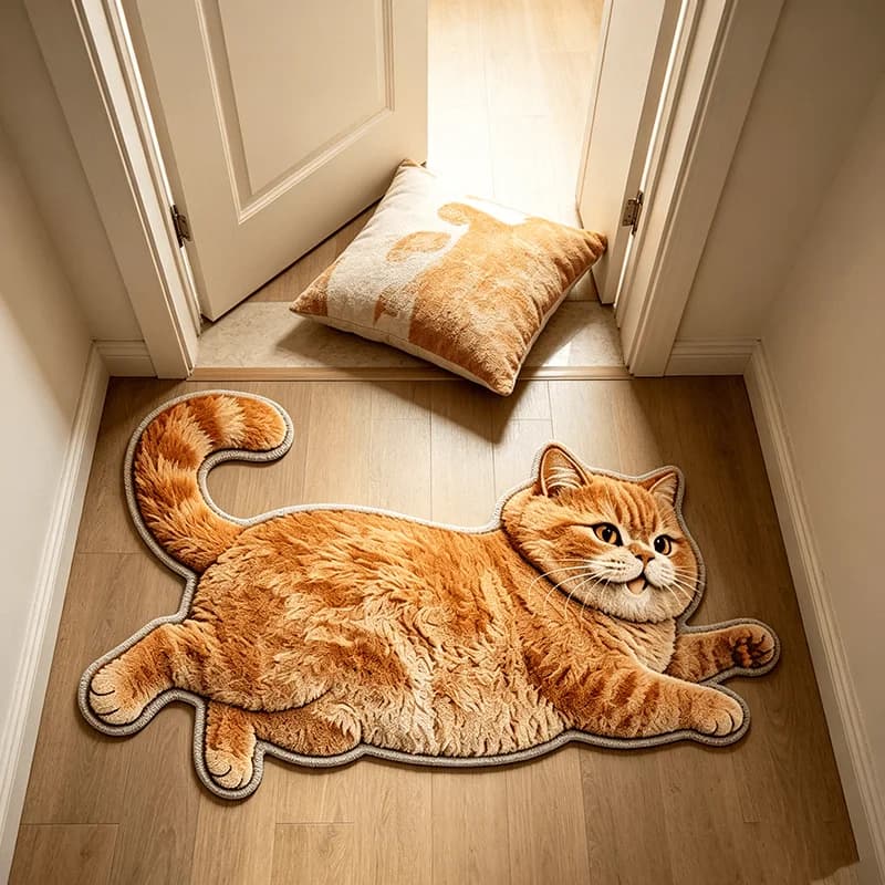 VIKAMA 2D Printed Fluffy Orange Cat Rug Lying Shape Non Slip Oilproof Doormat For Bedroom Animal Home Floor Decor