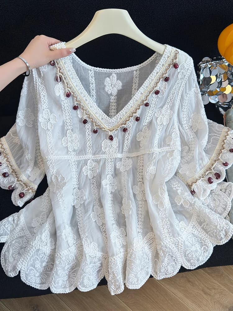 Embroidered Lace V-Neck T-Shirt Mid-Sleeve Bohemian Top for plus Size Women Summer New Style Casual Comfortable Polyester Fiber