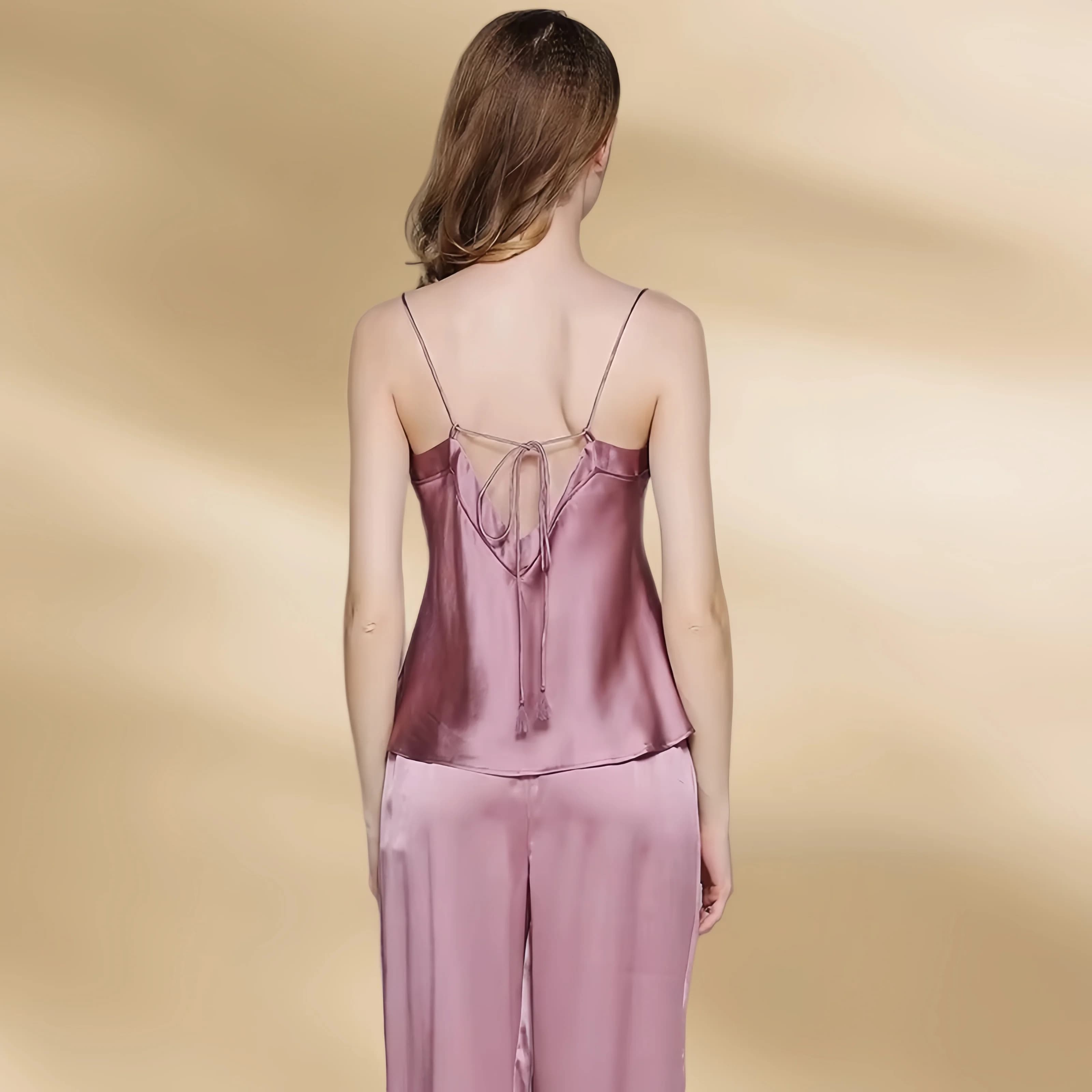 100% Mulberry Silk Pajama Set Women V Neck Back Tie Camisole Top Long Pants Luxury Silk Loungewear Ladies Sleeveless Sleepwear