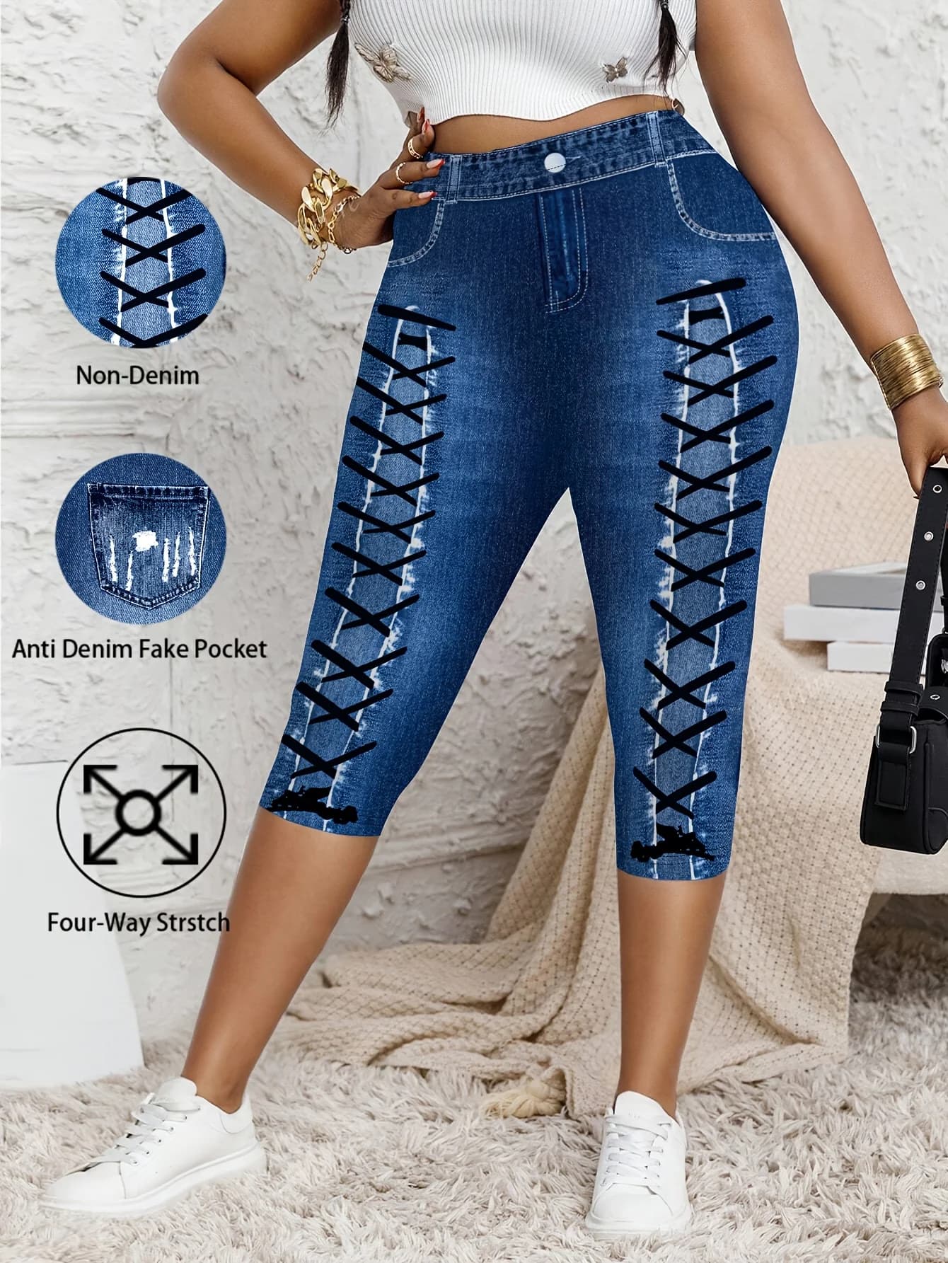 Shorts Biker Effetto Denim a 3 Bottoni Taglie Forti, Leggings a Vita Alta con Controllo Pancia
