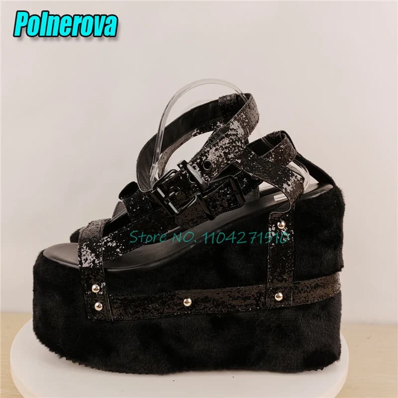 Black Gladiator Sandals Leather Gloss with Buckle and Strap for Women, with High Saws and Plateau, Round Toe, High Heel, Casual Shoes Style Y2K