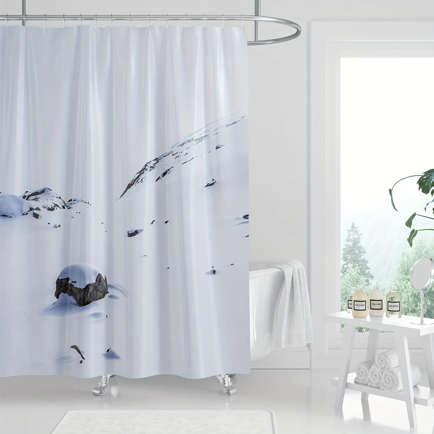 Tenda da doccia con stampa digitale moderna ed elegante con paesaggio innevato da 1 pezzo, arredamento per il bagno alla moda, tenda da bagno impermeabile durevole