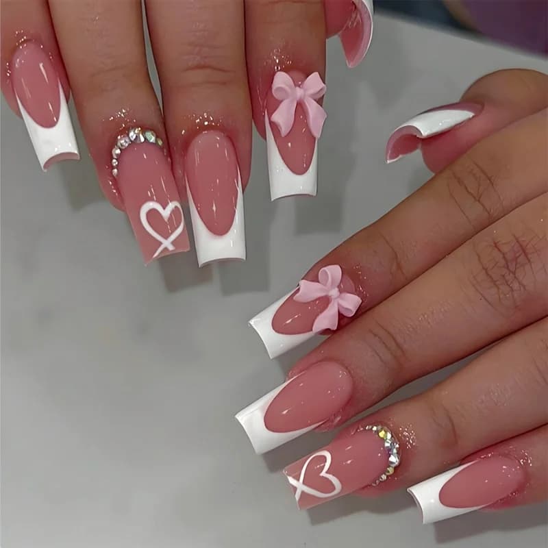 24 pieces of square patches with heart-shaped bow for nail art, red and white french style, medium long finger nails, wedding party accessories