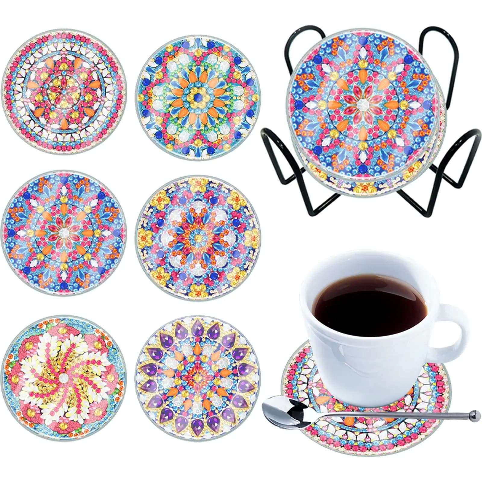 Set di 6 Sottobicchieri con Diamanti e Supporto, Forma Speciale, Decorazione Completa con Diamanti, Sottobicchieri in Acrilico per Pittura Diamantata