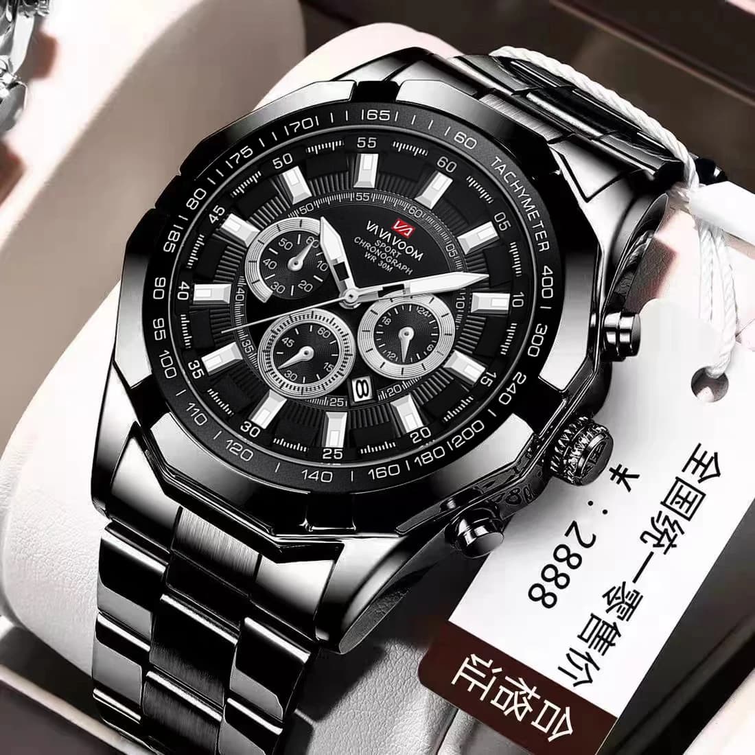 Men Sports Quartz Watch Black Large Dial Stainless Steel Strap Luminous Hands Calendar Waterproof Wristwatch Relogio Masculino