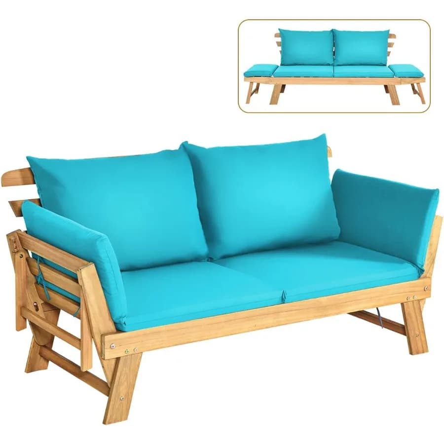 Divano letto da patio convertibile in legno di acacia con bracciolo regolabile Divano letto da esterno con cuscini Futon pieghevole esterno