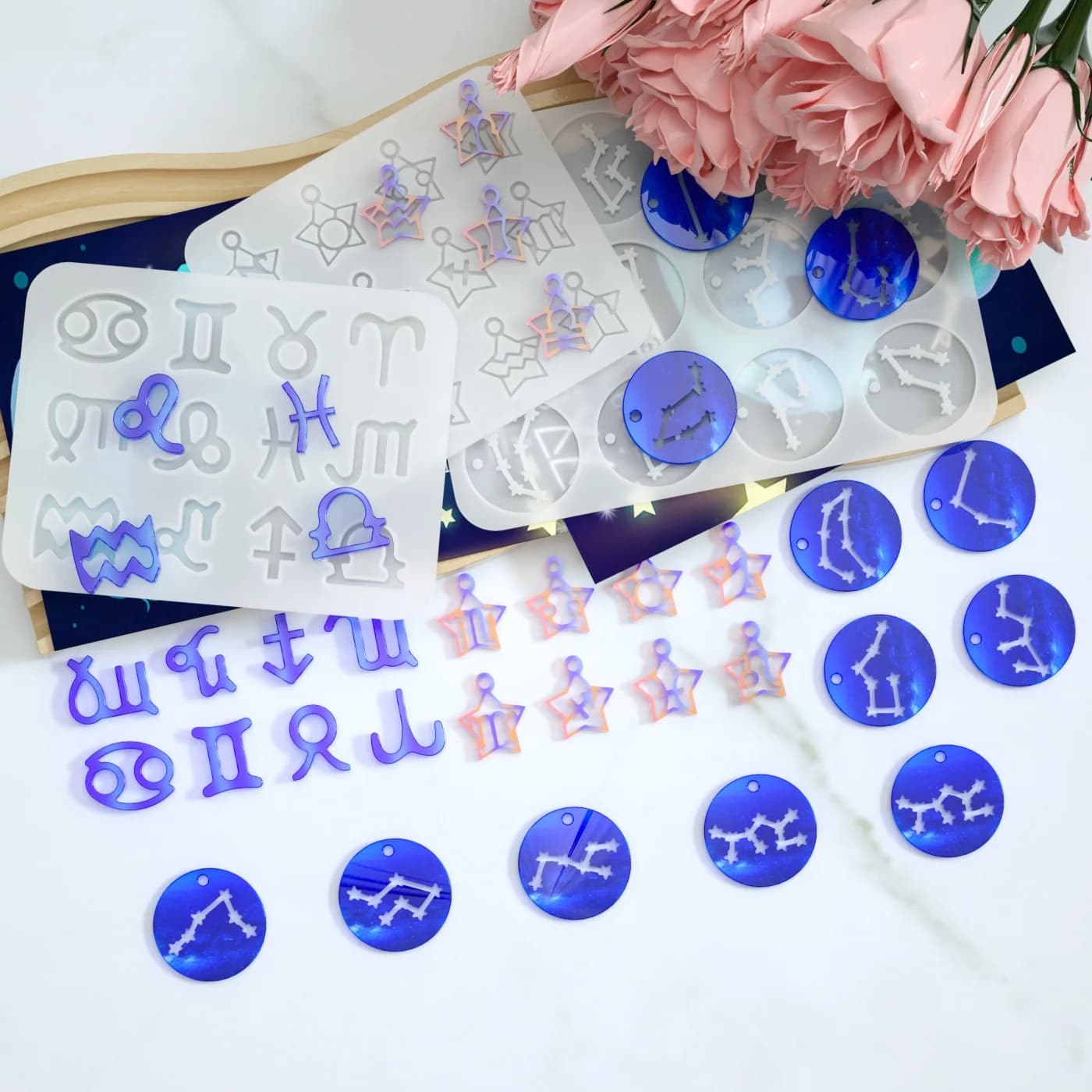 4styles Simple Multipurpose 12Zodiac Constellation Resin Molds Round Star Zodiac Sign Silicone Casting Mould For DIY Ornaments C