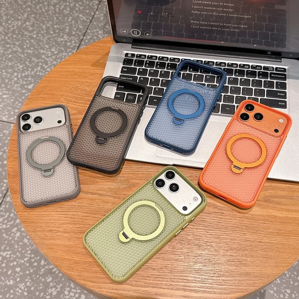 Cover per iPhone 17 16 15 14 Pro Max con Fori Traspiranti in Rete Estiva, Supporto Girevole a 360° e Pellicola Protettiva per Fotocamera