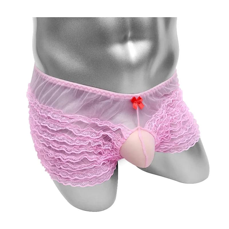 Lace Frilly Layer Sissy Underwear Men Boxer Shorts With Penis Pouch Sheer Mesh See through Gay Sexy Panties Exotic Lingerie