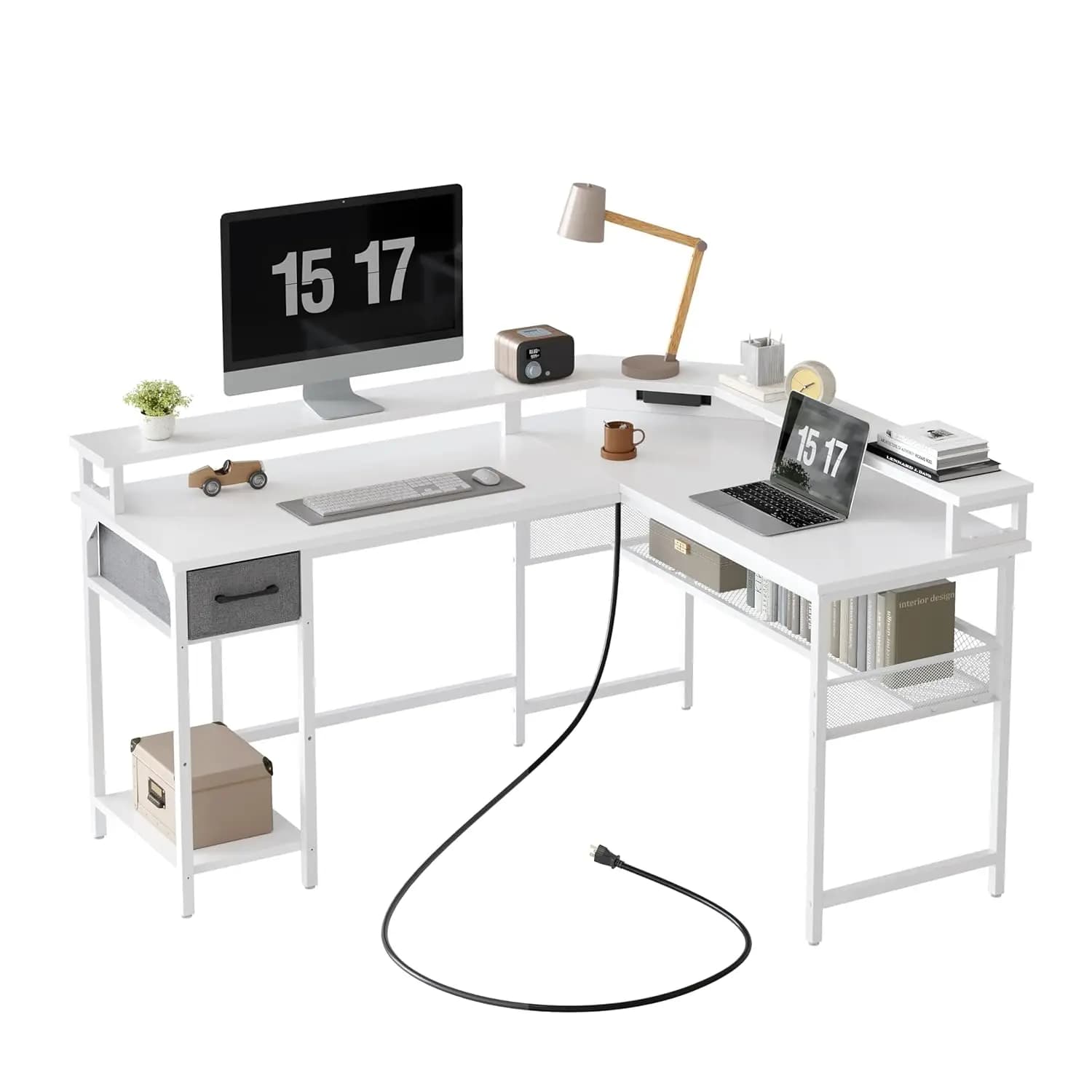 58 Inch Reversible L Gaming Desk with LED Lights, Current Grips, Storage Pads and Monitor Support, Customizable