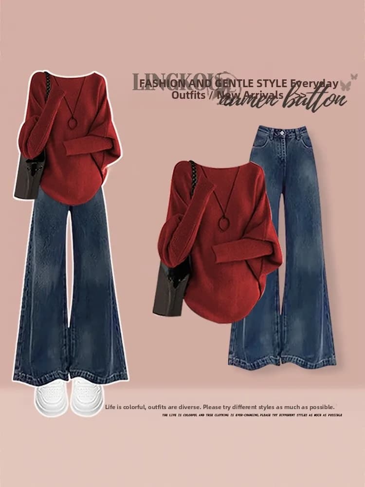 Maglione lavorato a maglia da donna coreano Sle e jeans Bell Bot Set da due pezzi plus Size Autunno Faion dimagrante leggero di lusso