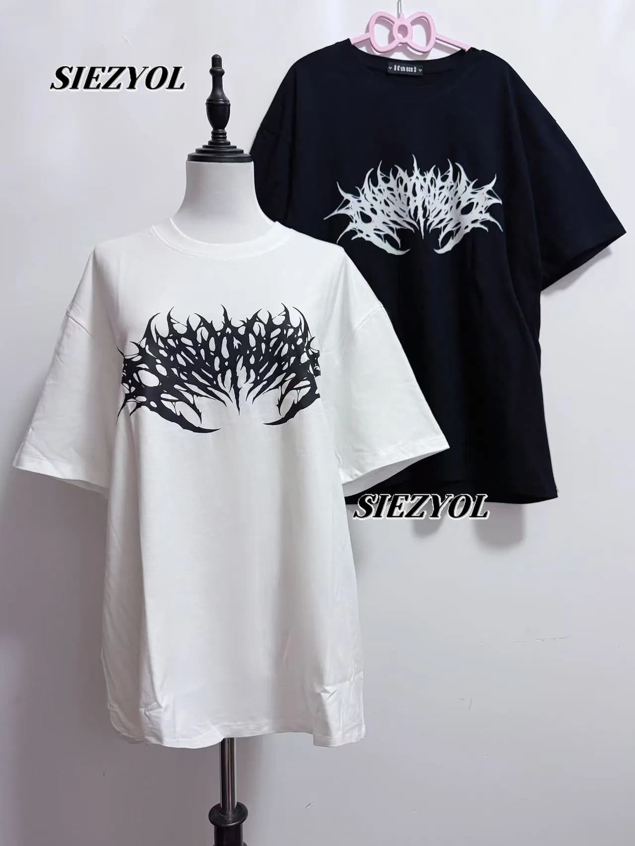 Casual Round Neck Short-sleeved T-shirt Subculture Mass-produced Dark Gothic Punk T Shirt Summer Casual Black and White Tops