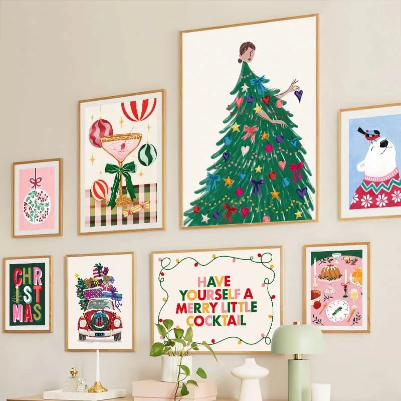 Quadri e Stampe con Albero di Natale, Bambina, Babbo Natale, Auto, Regali e Feste, Stile Nordico, Pittura Diamantata, Arte da Parete per Soggiorno e Casa