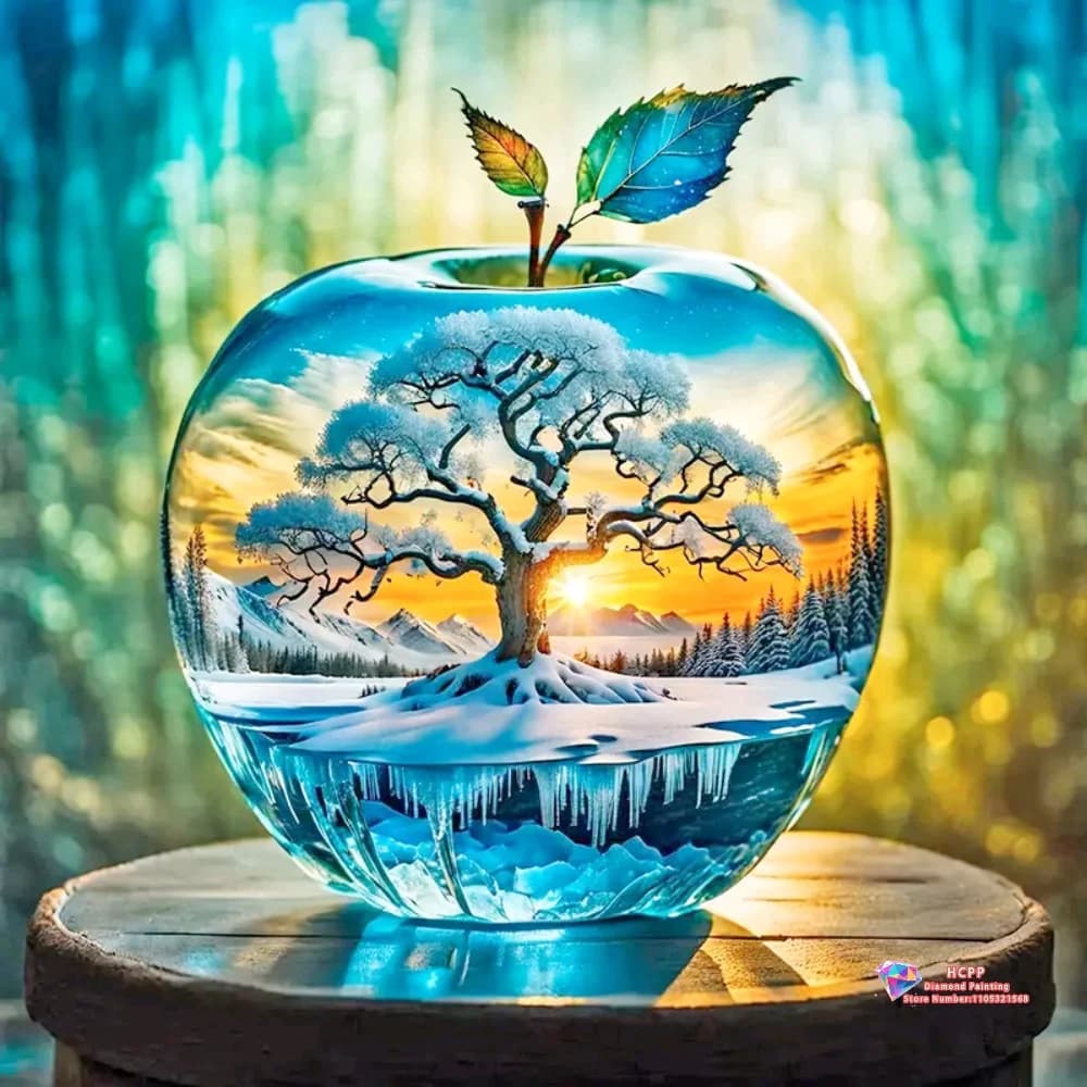 Kit Pittura Diamante Paesaggio Innevato con Mele 5D Fai da Te, Ricamo Diamante Punto Croce, Arte Fatta a Mano, Regalo Artigianale, Decorazioni per la Casa