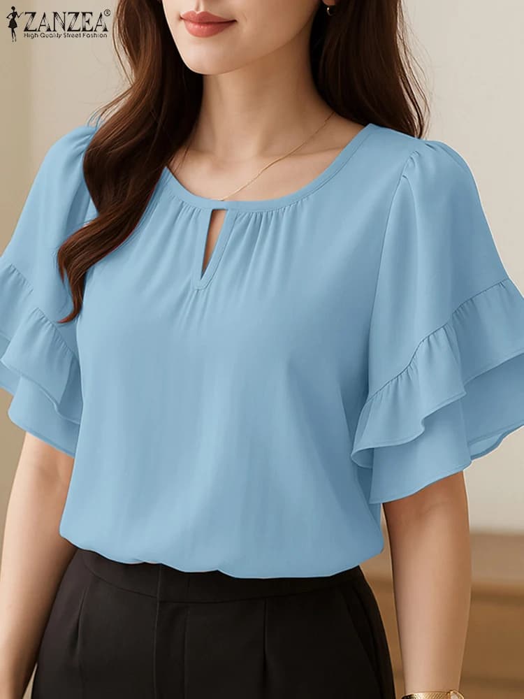 Camicette da donna alla moda ZANZEA 2025 Camicie da lavoro estive da ufficio Elegante tunica solida a maniche corte Top Casual O Collo Blusas da vacanza