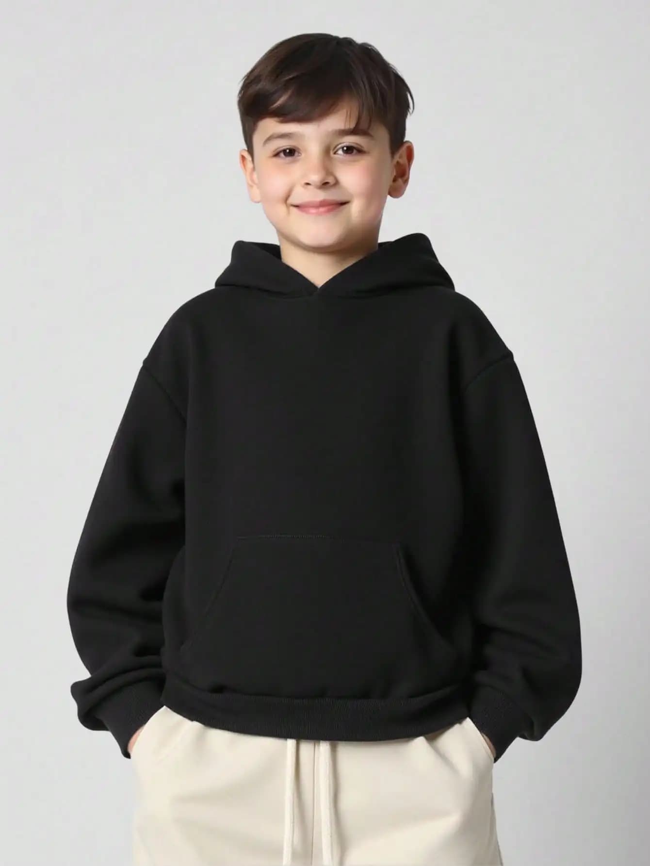 Felpa oversize nera per ragazzi, casual a maniche lunghe con tasca frontale