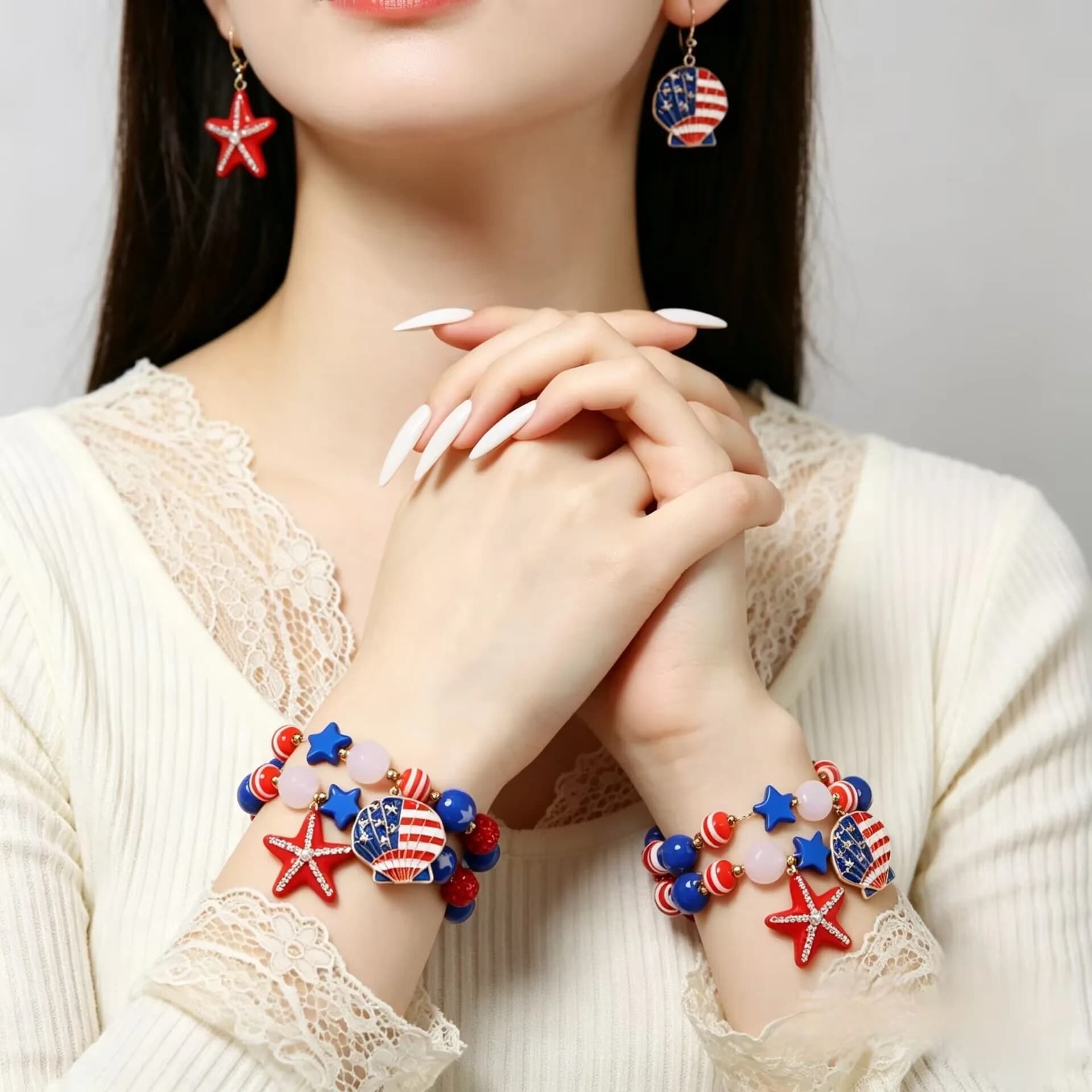 Ins American Independence Day Bracelet Earring Set Fashion Flag Colorful Printed Asymmetric Jewelry