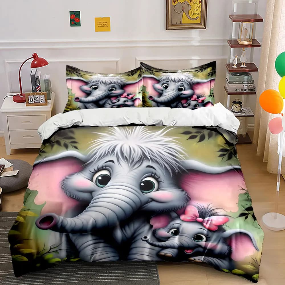 Simpatico cartone animato con elefanti madre e bambino. Set copripiumino stampato 1 copripiumino + 2 federe. Decorazione per la camera da letto in diverse misure.