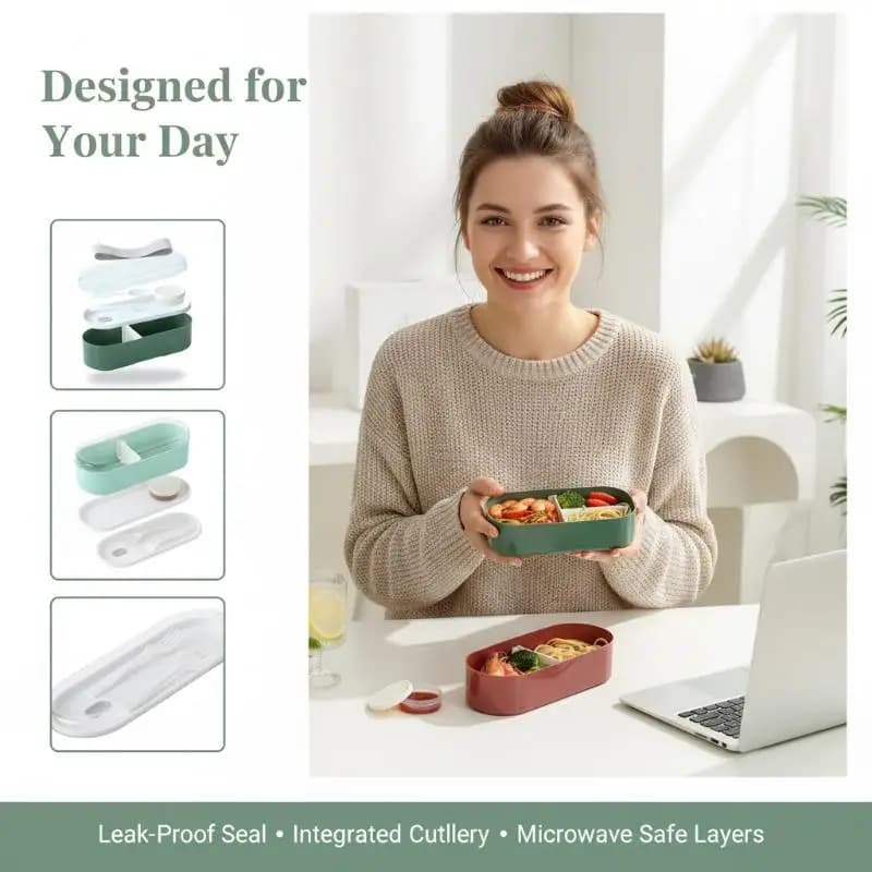Contenitore per il pranzo portatile a doppio strato con forchetta e cucchiaio, set di stoviglie per bento box da microonde, contenitore per la conservazione degli alimenti