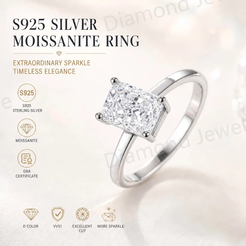 Anello in Moissanite Radiante Certificato GRA, Argento 925, Brillante come l'Amore, 7 Forme: Pera, Cuore, Ovale, Principessa, Smeraldo, Triangolo, 0.5ct 1ct 2ct