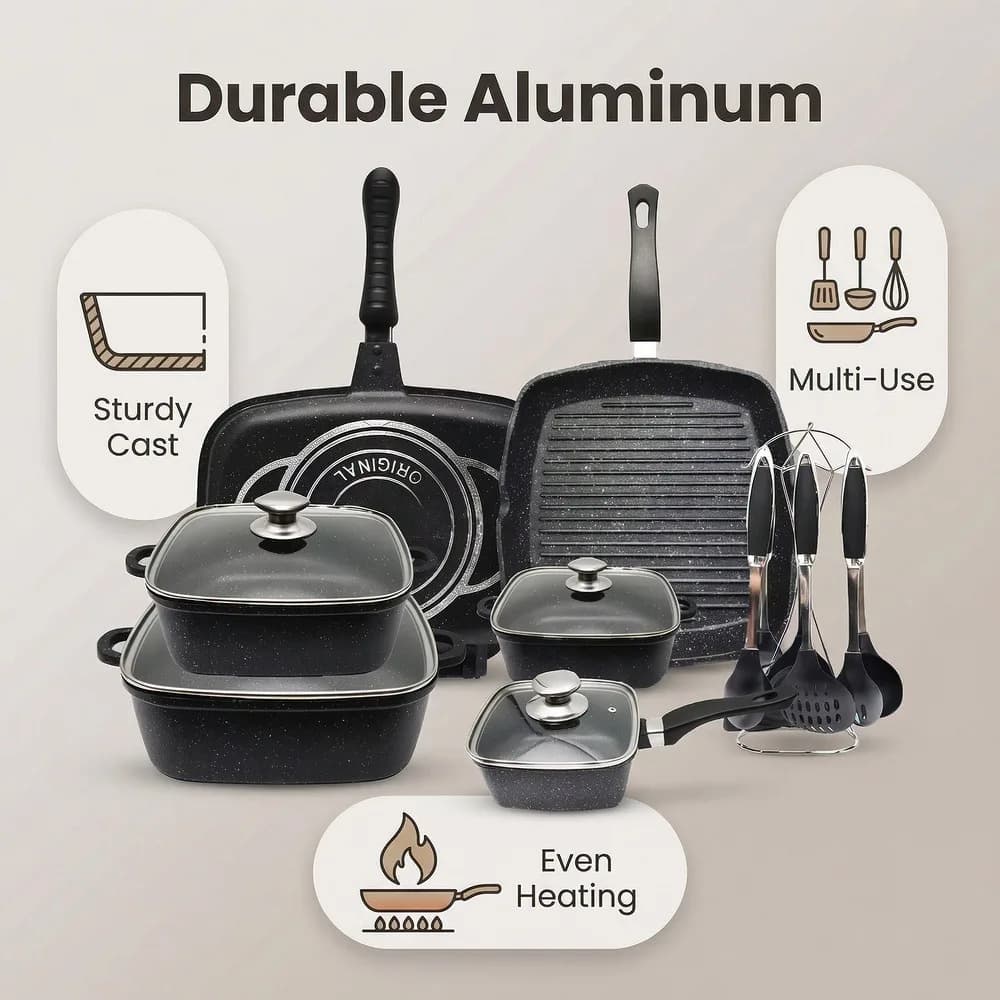 Set Professionale di 11 Pezzi di Pentole e Padelle da Cucina Antiaderenti in Alluminio Pressofuso Disponibile in Stock
