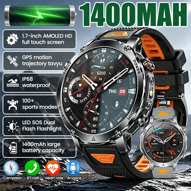 2026 Outdoor Military 1400mAh Battery Smart Watch Men Sports GPS Track SOS Flashlight IP68 Waterproof Bluetooth Call Smartwatche