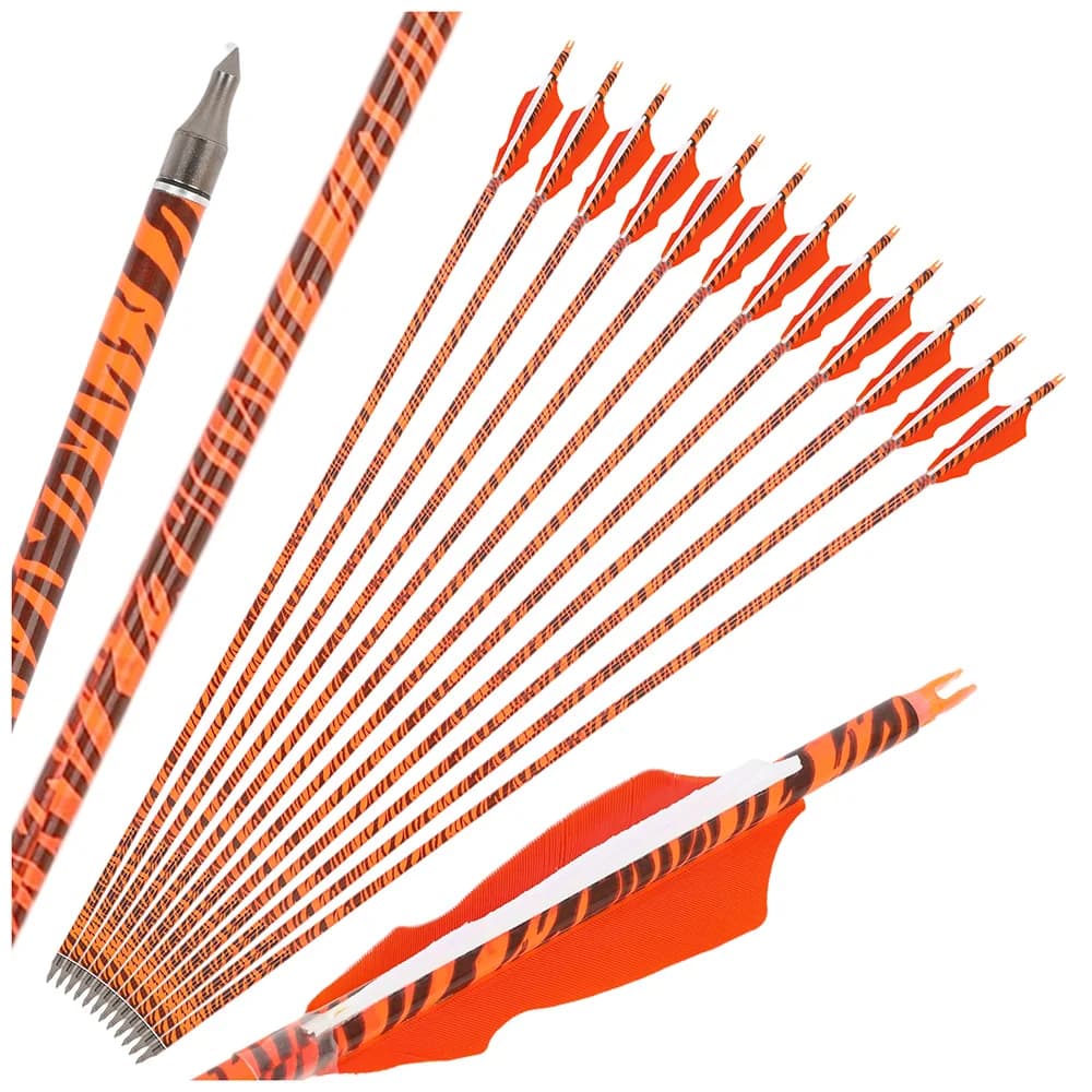 6/12 Pezzi Frecce in Carbonio da 30 Pollici con Stampa Leopardata, Spine 500SP con Piume Barbed da 4 Pollici per Tiro con l'Arco Indoor e Outdoor, Competizioni e Caccia