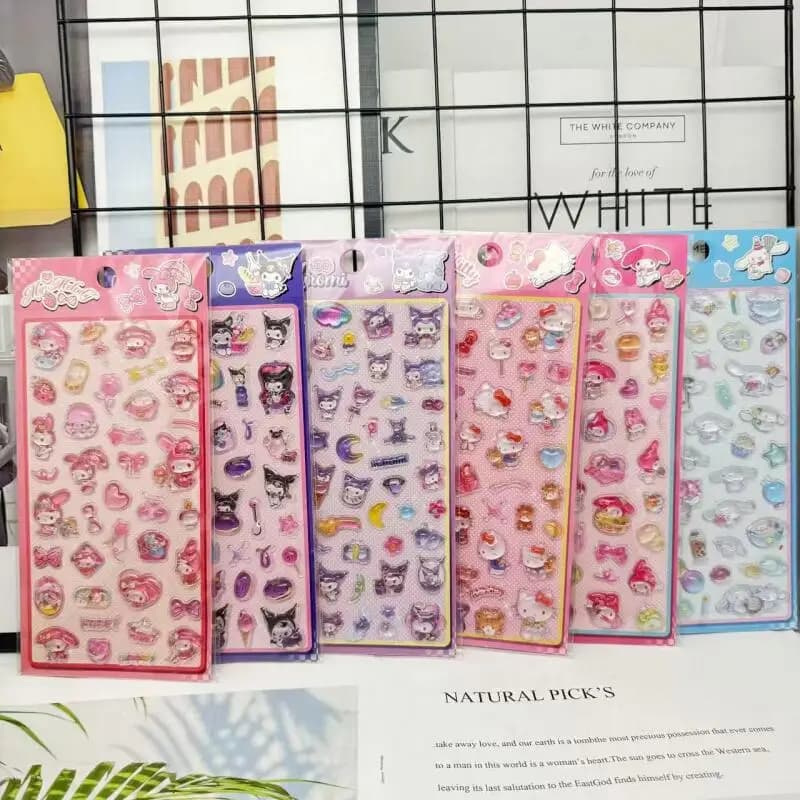 6 Pezzi Sanrio My Melody Cinnamoroll Kuromi Serie Luna Stellata Adesivi 3D in Rilievo Cristallini Decorazione Astuccio per Studenti Regalo