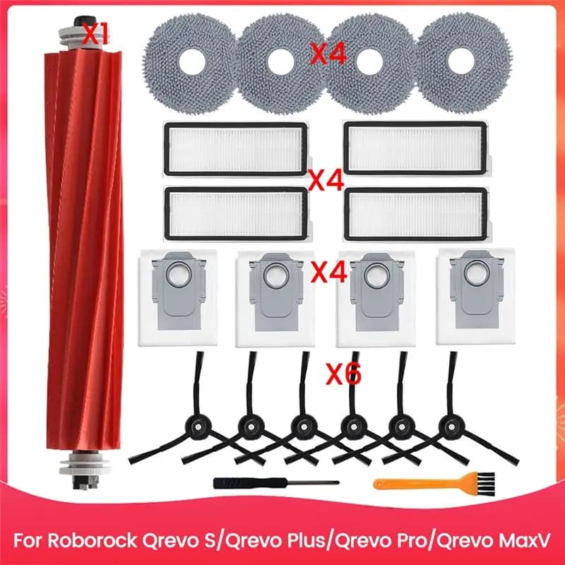 Kit di accessori A24F per robot aspirapolvere Roborock Qrevo S/Qrevo Plus/Qrevo Pro/Qrevo Maxv, spazzola principale, spazzola laterale, filtro HEPA, sacchetti per la pulizia.