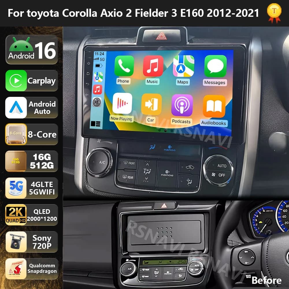 Qualcomm Android 16 For Toyota Corolla Axio 2 Fielder 3 E160 2012-2021 Stereo Car Radio Multimedia Video BT GPS 4G CarPlay Auto