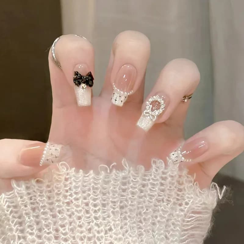 Woven Press On Nails Nude Glitter French Fake Nails 3D Pearl Bow Rhinestone Detachable Ins Manicure For Women Daily Dating