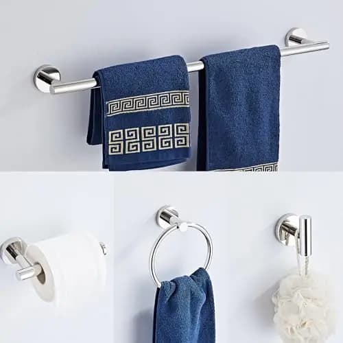 5-Piece Chrome Bathroom Accessories Kit: 24 Inch Wall-Mounted Towel Bar, Ring, Toilet Paper Holder, And Dual Hooks, SUS304