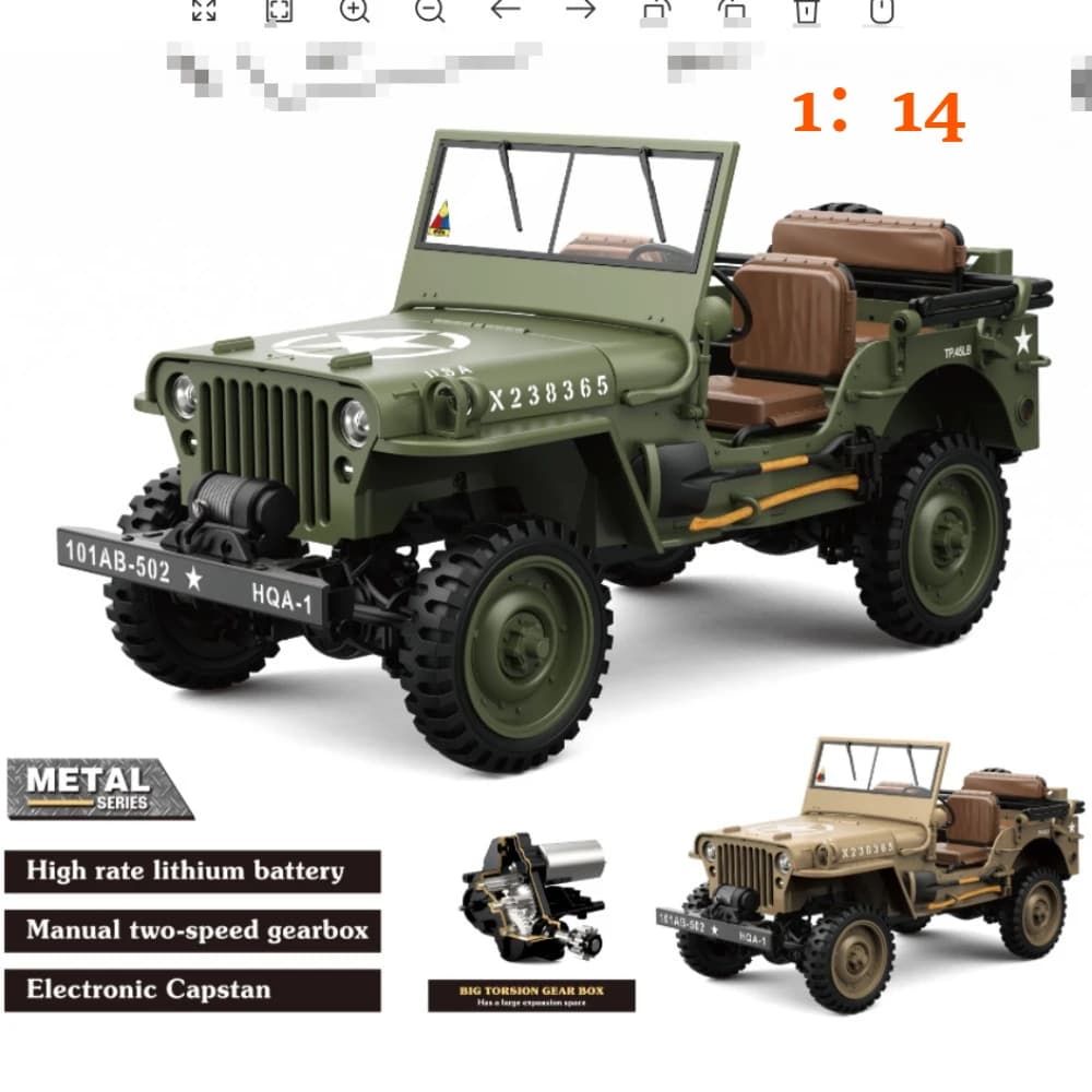 HG4-58 Jeep vintage simulata fuoristrada in scala 1/14, modello elettrico telecomandato a quattro ruote motrici per giocattoli da ragazzo