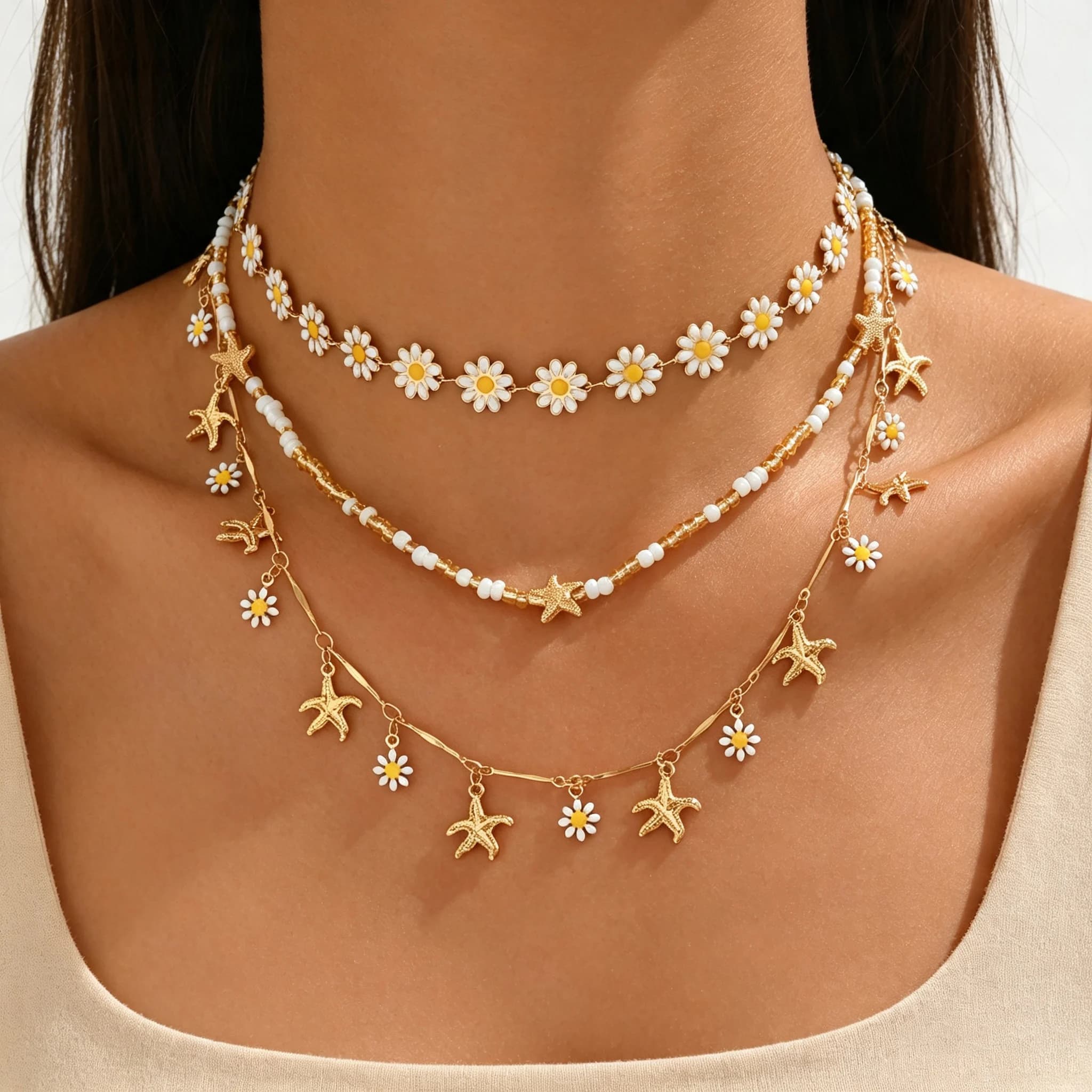 Boho Multi Layer Daisy Starfish Pendant Choker White Seed Bead Gold Chain Women Summer Beach Ocean Necklace Jewelry Gift