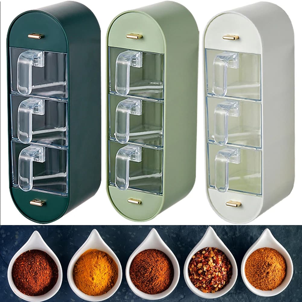 Scatola per condimenti adesiva montata a parete Scatola per spezie in plastica con 5 scomparti e manici Set di contenitori per sale e zucchero trasparente per cucina