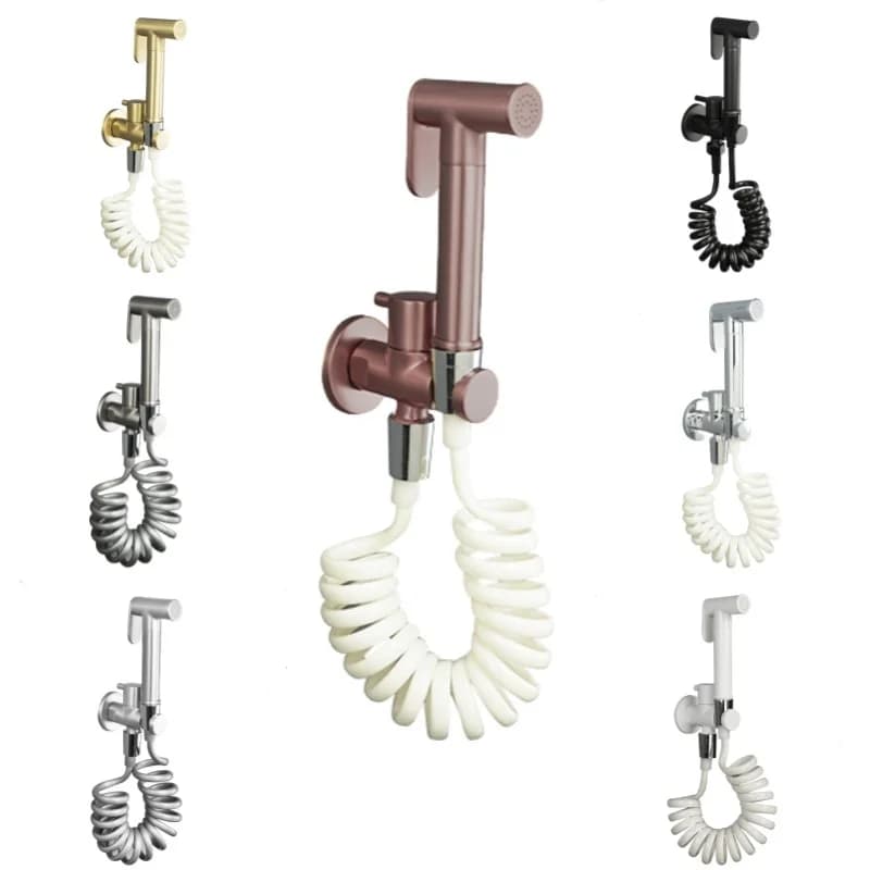 Rubinetto Bidet in Ottone Spazzolato Oro Rosa, Montaggio a Parete, Doccetta Manuale per Bagno con Funzione Autopulente