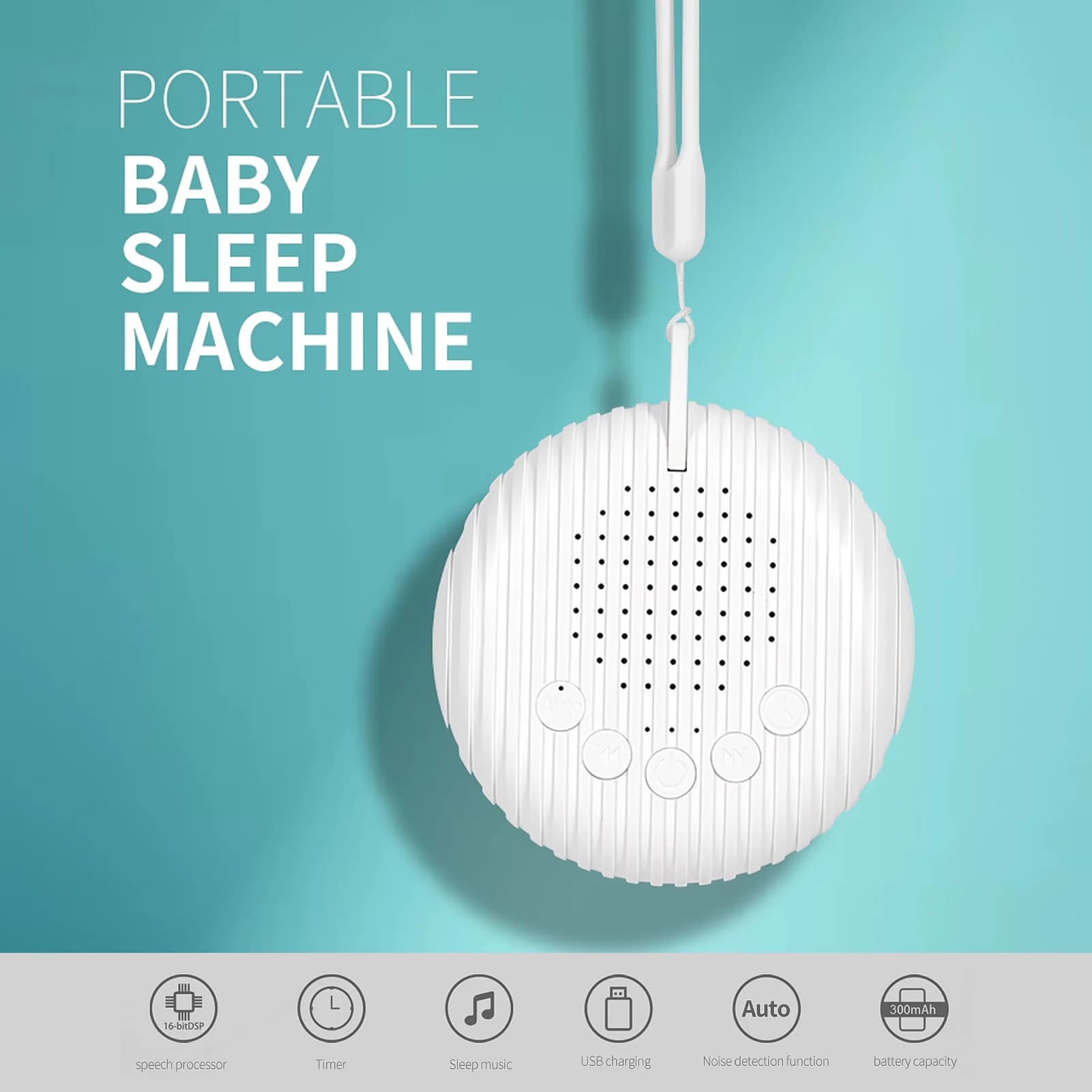 Macchina del Rumore Bianco Portatile per Neonati, 10 Suoni Rilassanti, Timer 15/30/60 Minuti, Volume Regolabile, Batteria Integrata