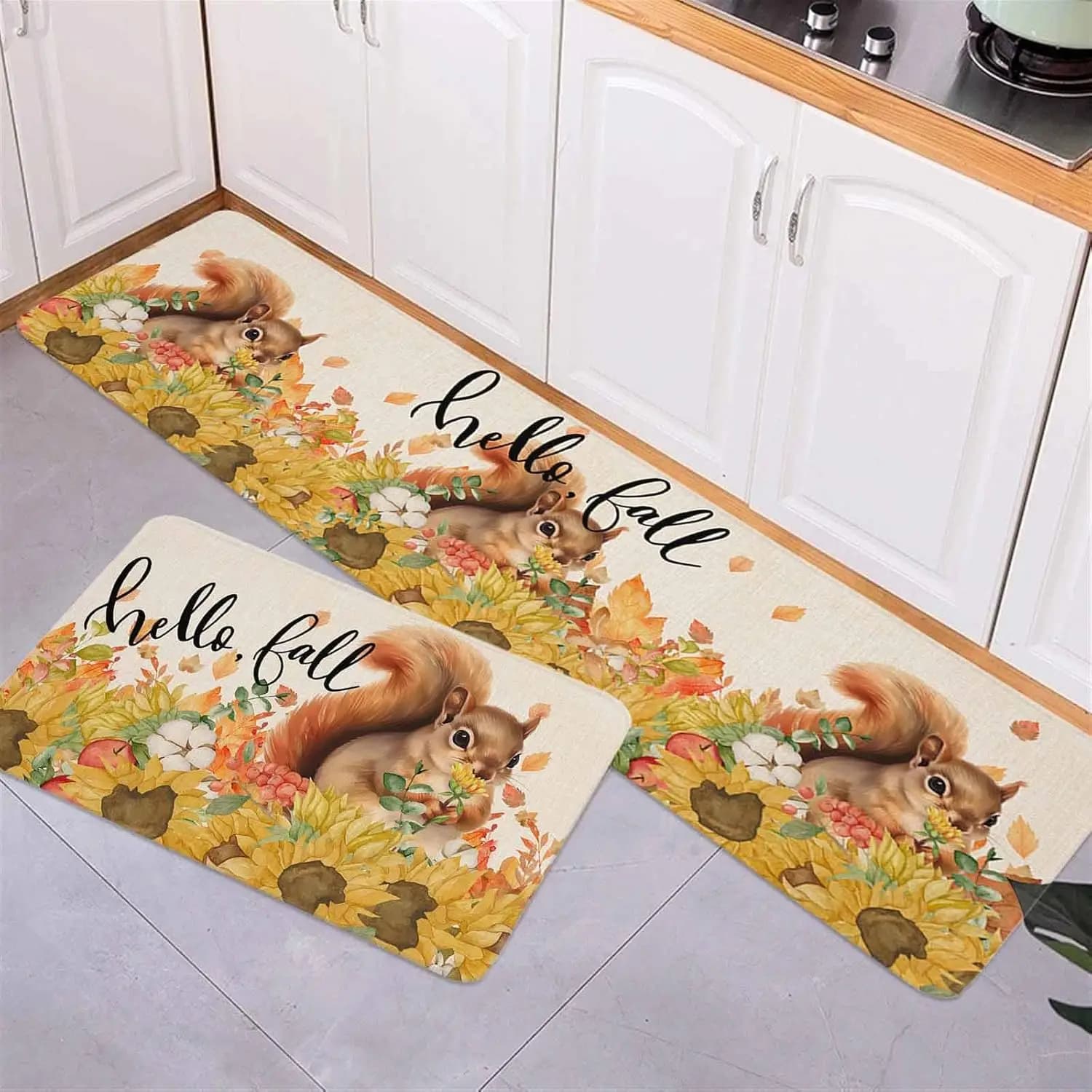 Fall Squirrel Sunflower Kitchen Floor Mat Entrance Doormat Decor Bedroom Beside Foot Mat Corridor Balcony Rug Thanksgiving Decor