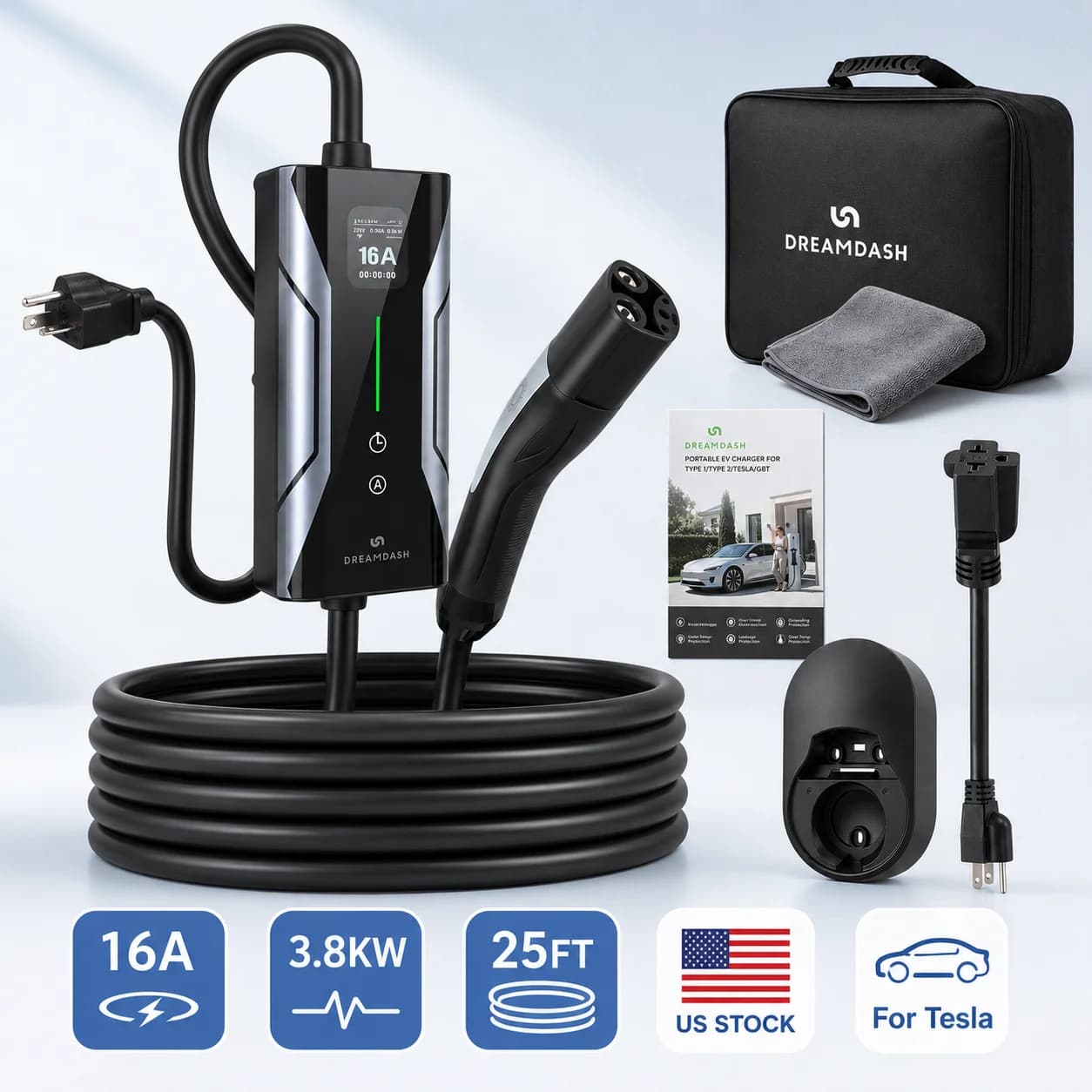 DREAMDASH 16A Level 2 Portable Tesla EV Charger 3.8KW NACS Connector with 25ft Cable NEMA 6-20 Plug and NEMA 5-15 Adapter IP65 Adjustable Current Delay Charging for Model 3 Y S X Cybertruck US Stock