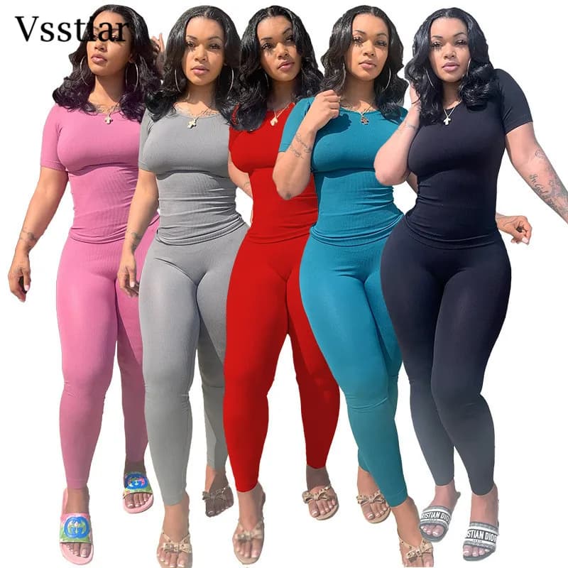 Vsstiar Summer Women 2 Piece Set Solid Yoga Workout Short Sleeve O Neck Shirt Top High Waist Casual Running Sports Leggings Suit