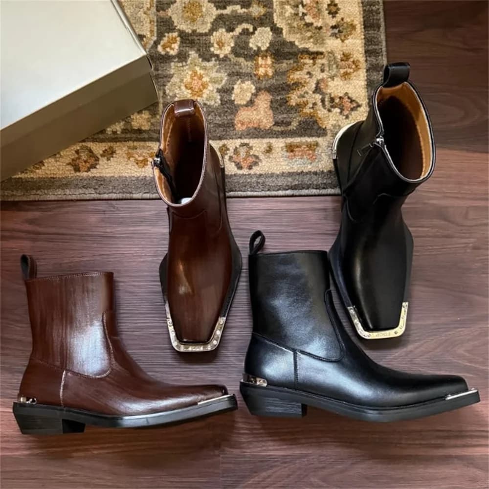 Stivaletti Chelsea Casual da Uomo con Tacco Alto, Punta Quadrata, Punta Rinforzata, Cerniera Laterale, Stile Britannico, Colore Unito