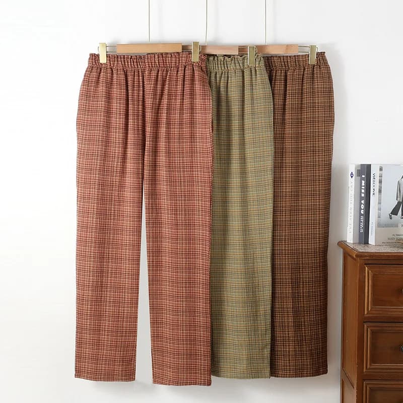 Retro Pure Cotton Plaid Pajama Pants Women's Loose Casual Double-layer Yarn Trousers Spring / Autumn Elastic Waist Sleep Bottoms