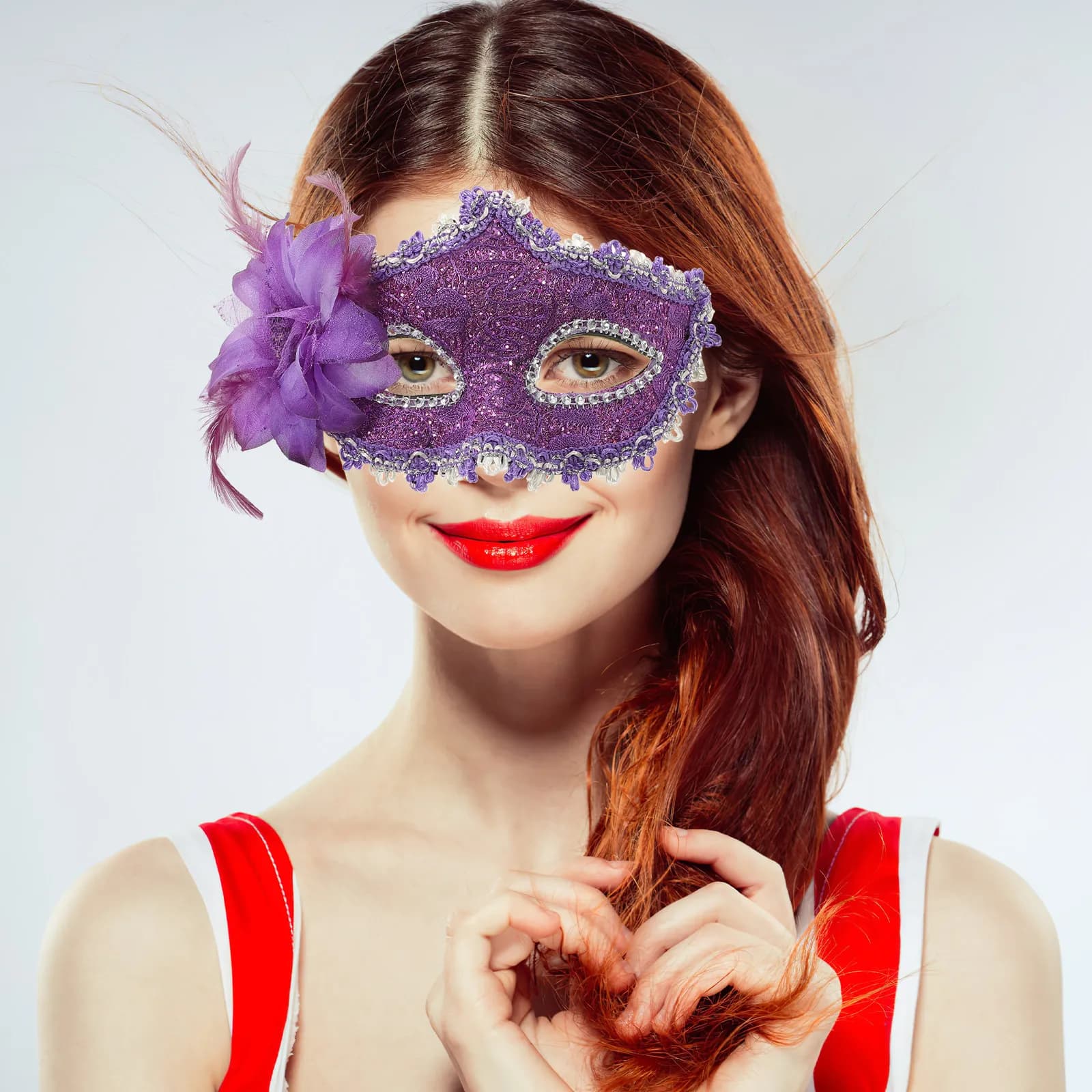 Maschera in Pizzo Veneziano Viola con Fiore di Giglio e Cristalli per Costume di Halloween, Festa in Maschera, Ballo in Costume