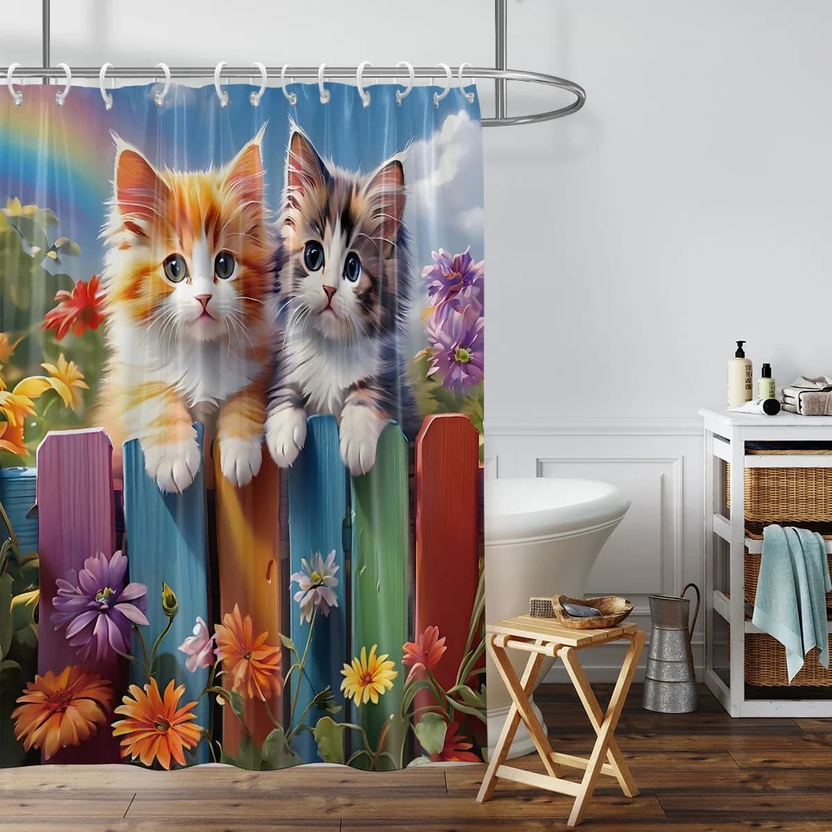 1PC Tenda da doccia con stampa motivo gatto Spring Day, impermeabile, con 12 ganci, per docce, vasche da bagno, uso domestico