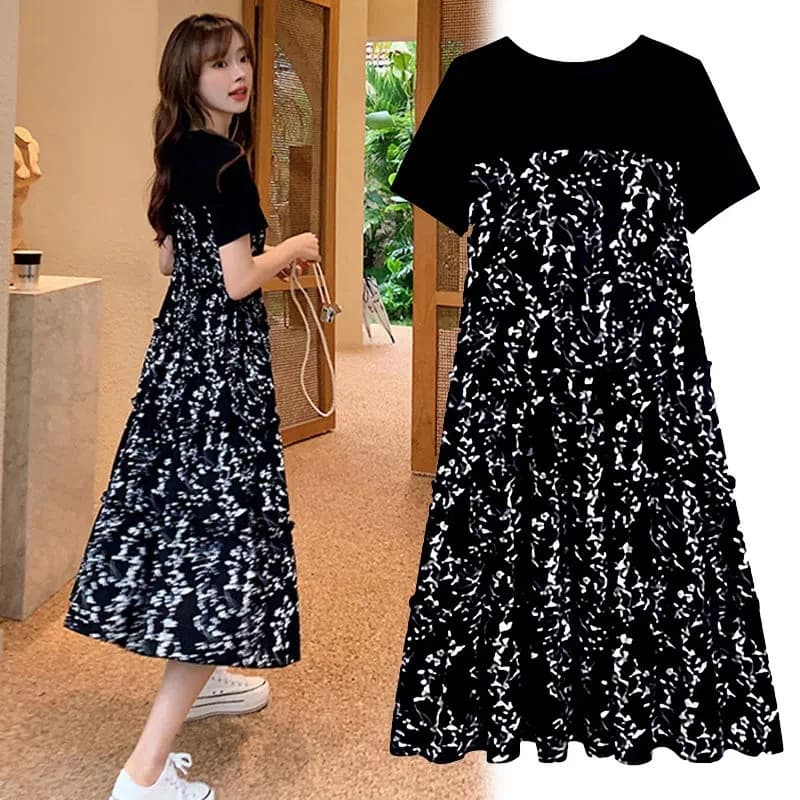 T-shirt da donna Falso due pezzi Abito estivo in stile coreano Abito nero floreale di media lunghezza stampato Boho Casual quotidiano in chiffon floreale