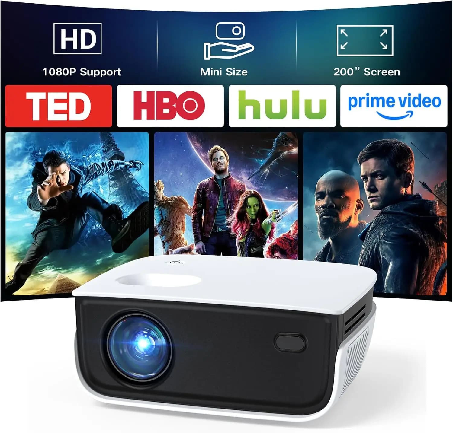 Mini Proiettore Portatile Aggiornato, Proiettore per Film all'Aperto 1080P 200" Compatibile con TV Stick, Telefono, PS5, HDMI, USB per Casa e Gaming
